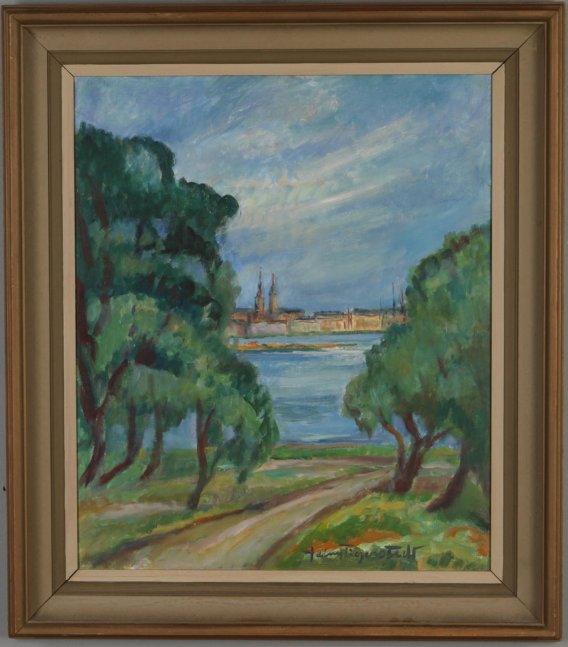 HELNY TIGERSTEDT. "Utsikt från Västerbron", olja på pannå, signerad.