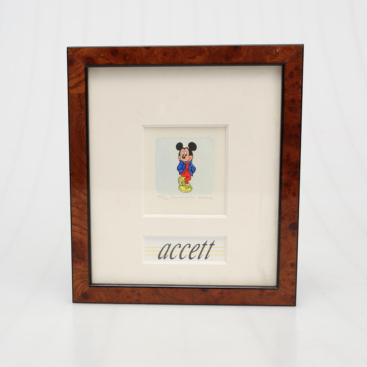 DISNEY, original etching, Mickey Mouse posing, numbered 209/500, signed Sowa + Reiser. Modern manufacturing.