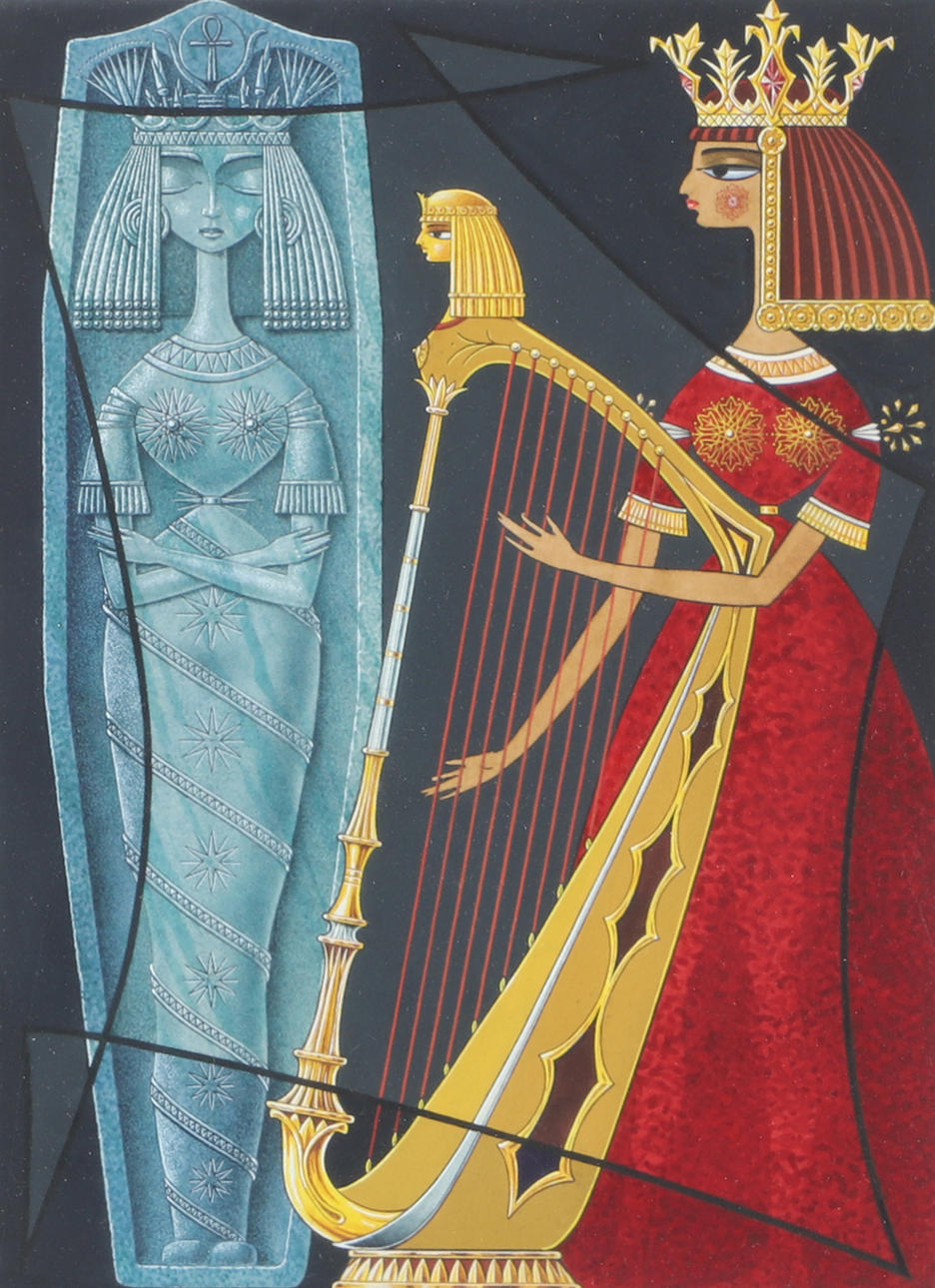 SVEN SKÖLD. Queen playing harp, mixed media, signed.