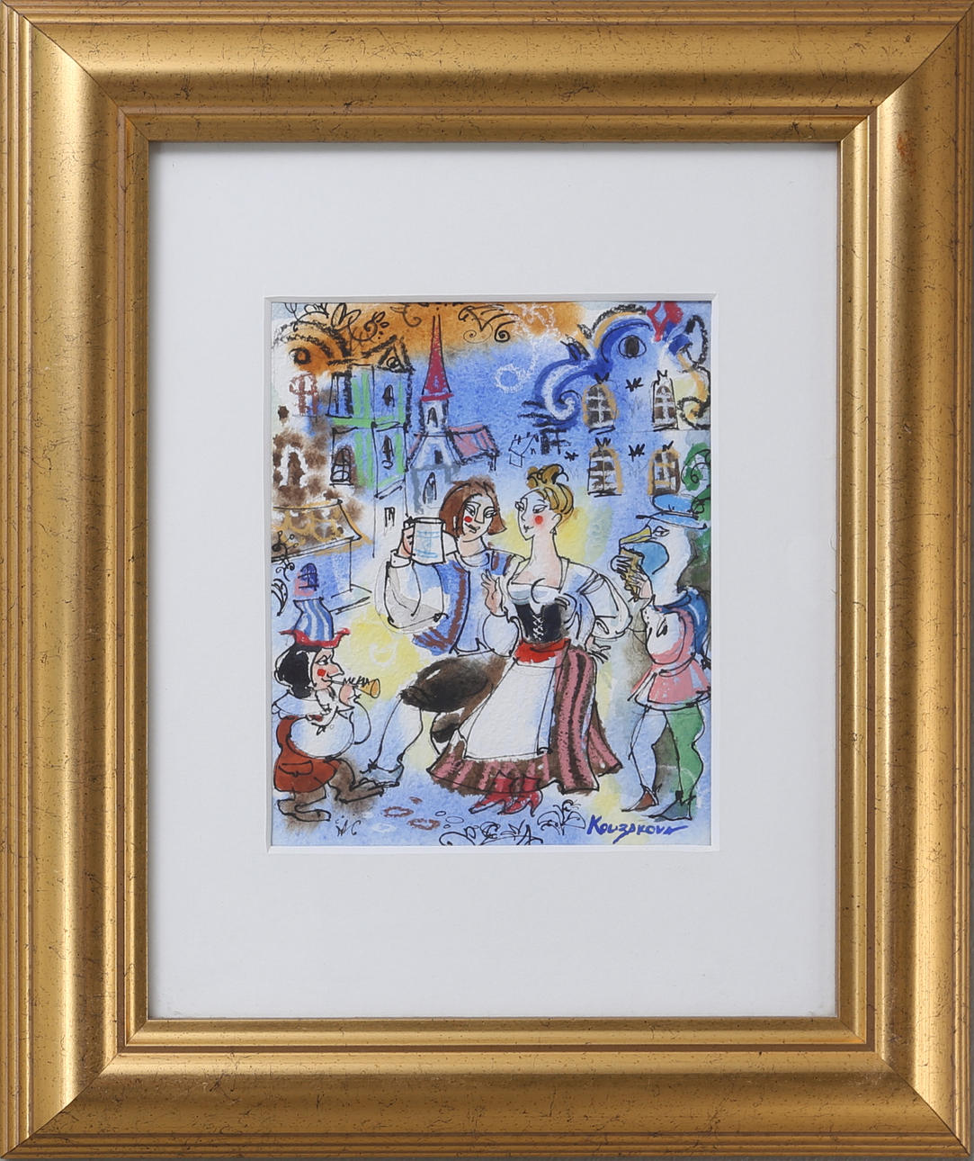 DIANA KOUZAKOVA. Gycklarmotiv, blandteknik, signerad.