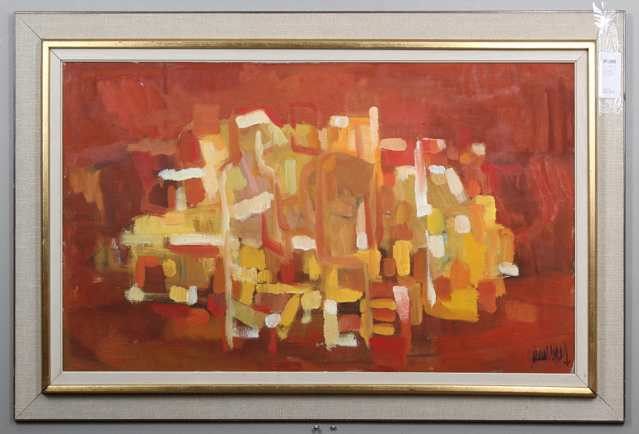 ÅGE LINDBECK. "Båtar i Kungshamns hamn". Olja på duk. Signerad.