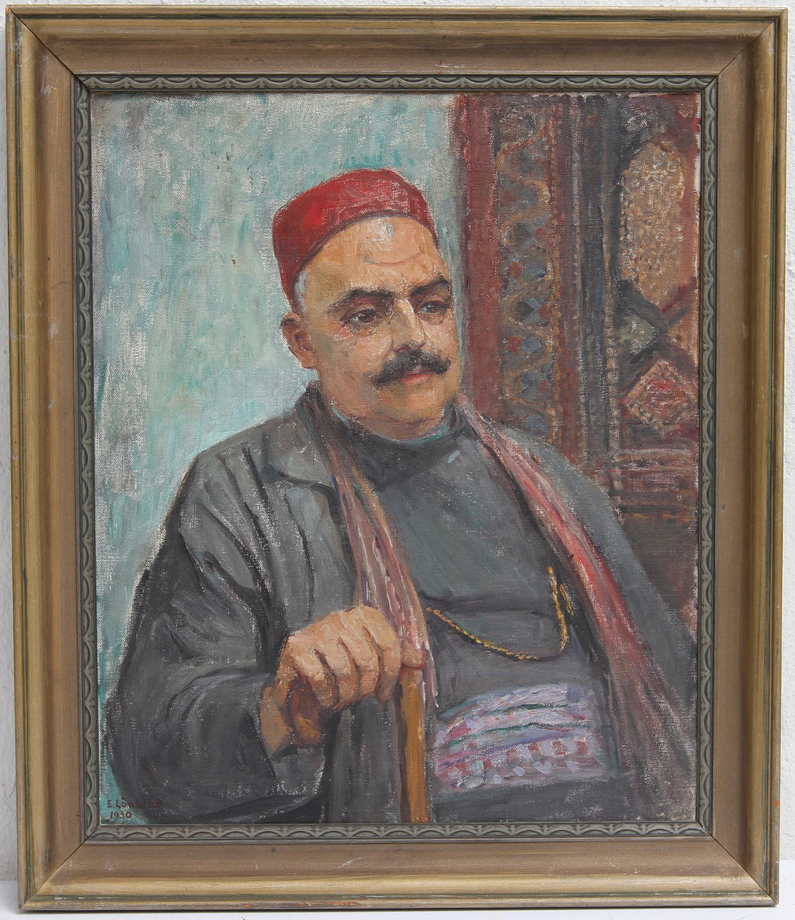 EMILIA LÖNBLAD. Olja på pannå. Mansporträtt, signerad-1930.