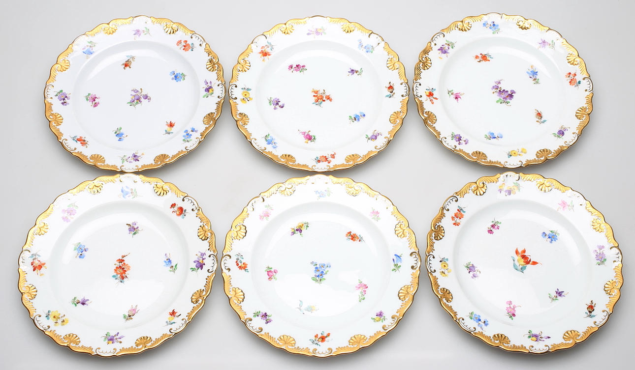 MEISSEN 1924-1934. ceremoniell platta, sex stycken.