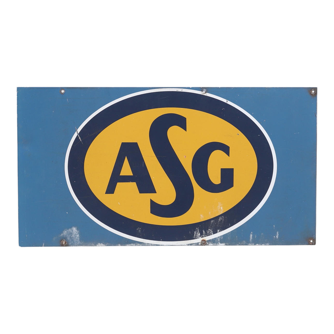 SKYLT, screentryckt plåt, "ASG", 1900-tal.