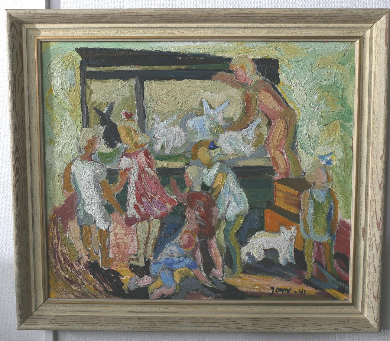 GUNNAR JONN. Olja på pannå, Barnens lek med kaniner, signerad Jonn, daterad -41.