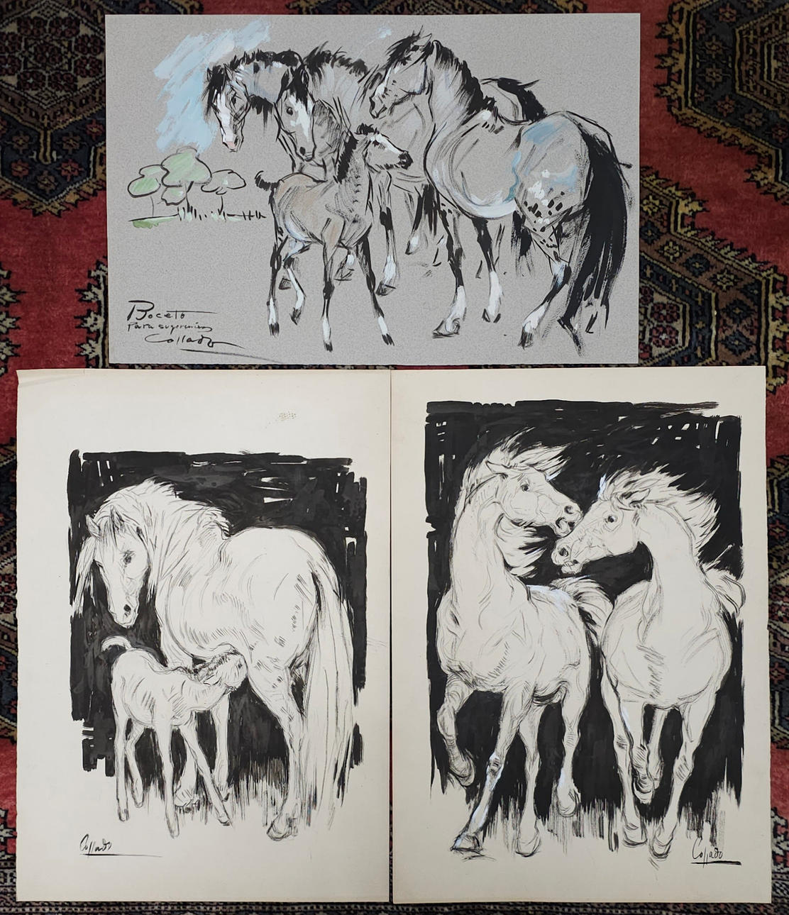 COLLADO. CABALLOS. TRES DIBUJOS A TINTA SOBRE PAPEL.
