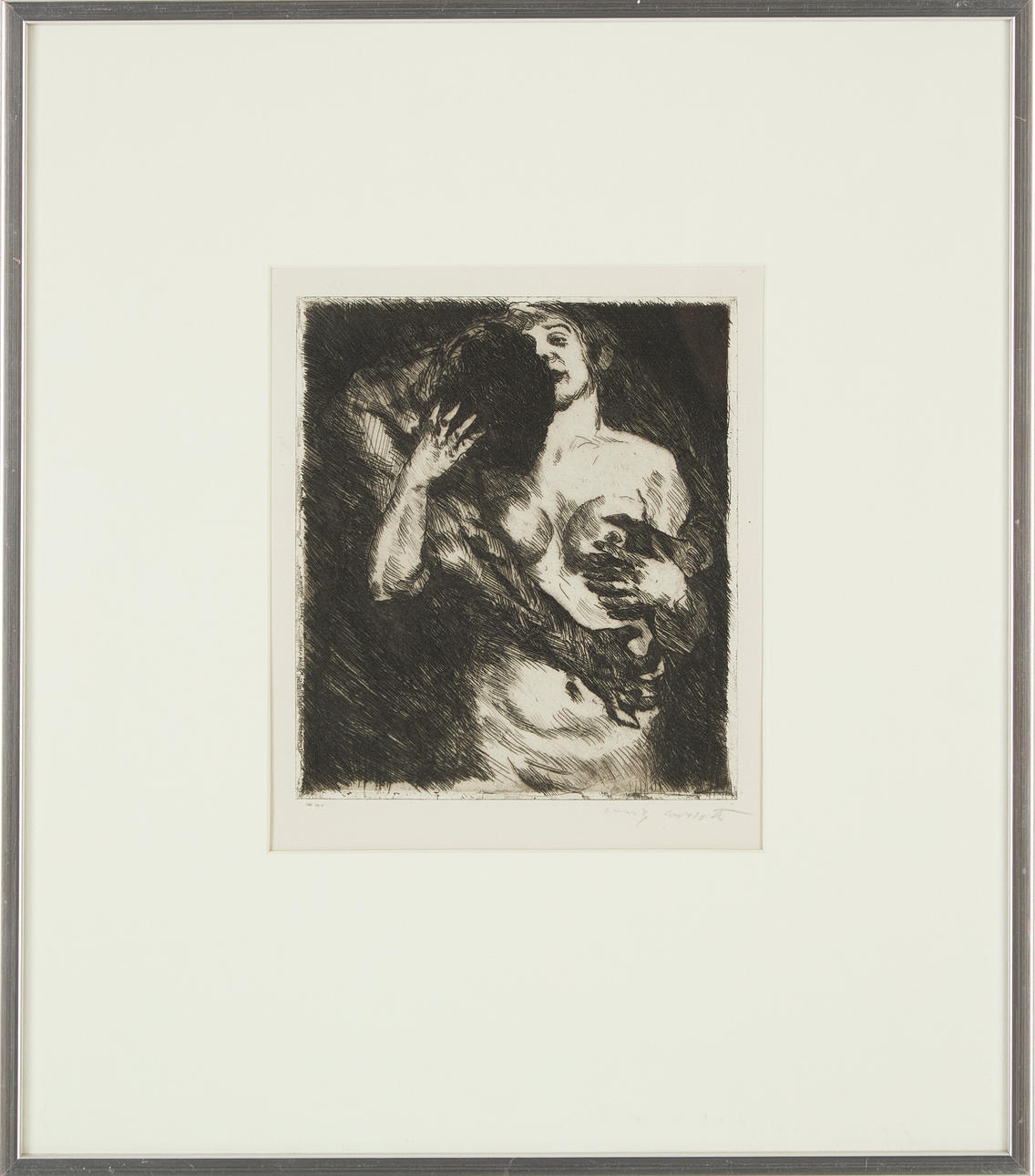 LOVIS CORINTH. „Umarmung“, Radierung, signiert.