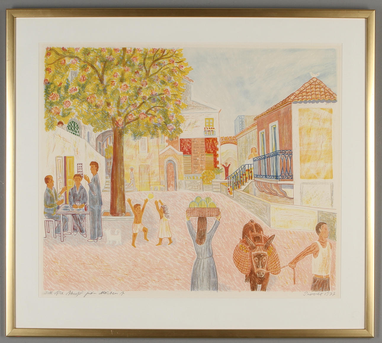 MÅRTEN ANDERSSON. Sydländskt torgmotiv, färglitografi, signerad dedikation, daterad 1977. Provtryck.