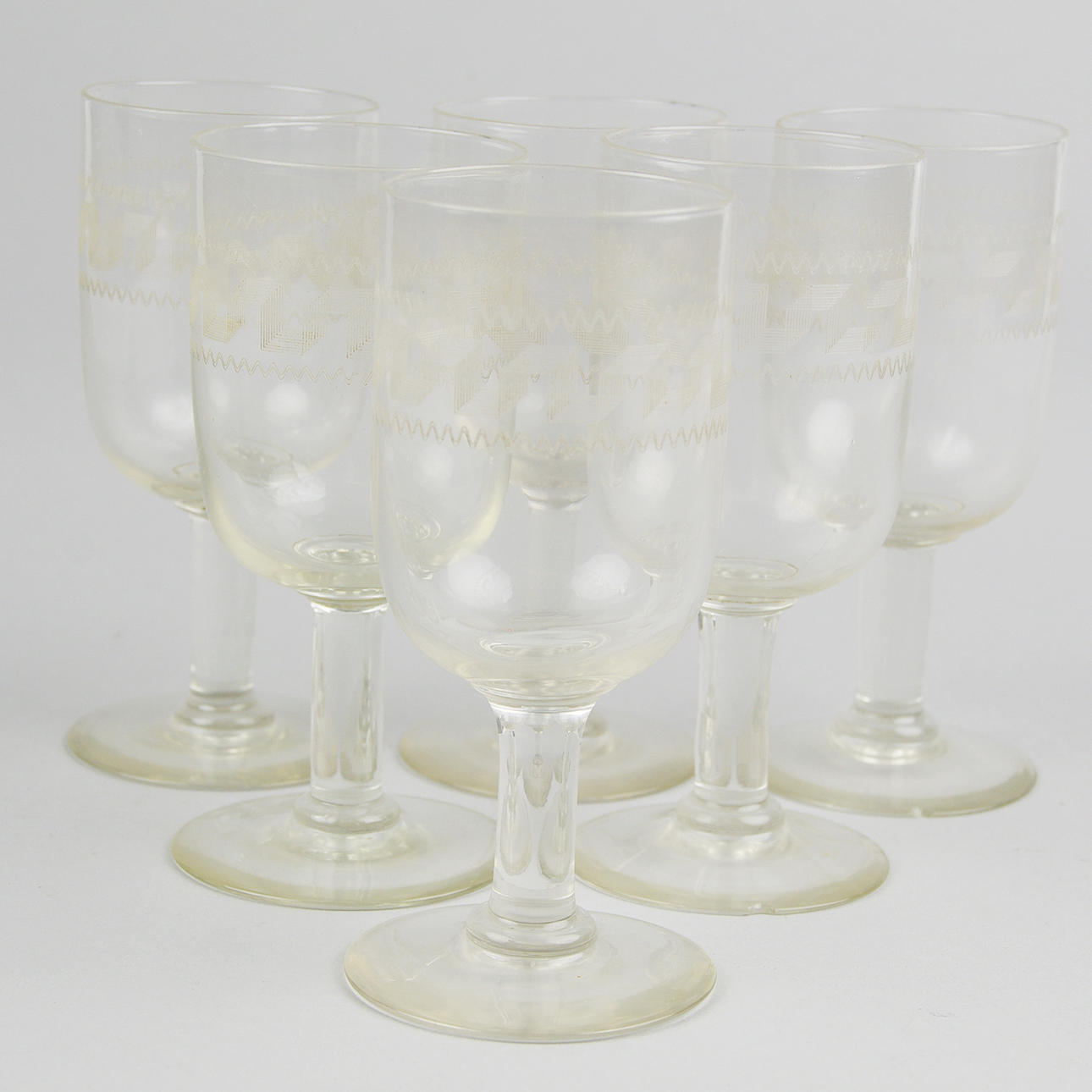 GLAS, 6 stycken, etsad dekor, 1800-tal.
