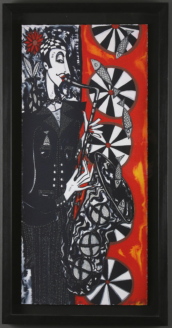 ANGELICA WIIK. "Fiskblås", färglitografi med glitter, signerad och märkt "EA".