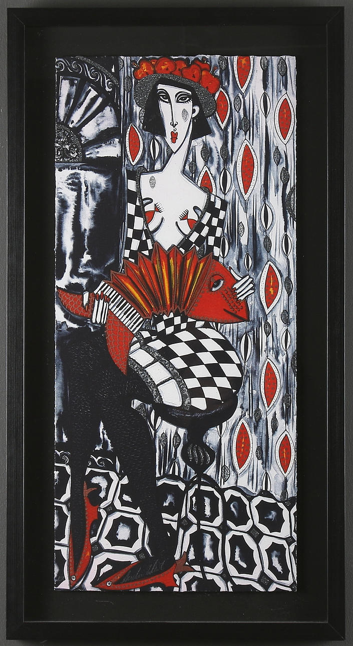 ANGELICA WIIK. "Fiskspel", färglitografi med glitter, signerad och märkt "EA".