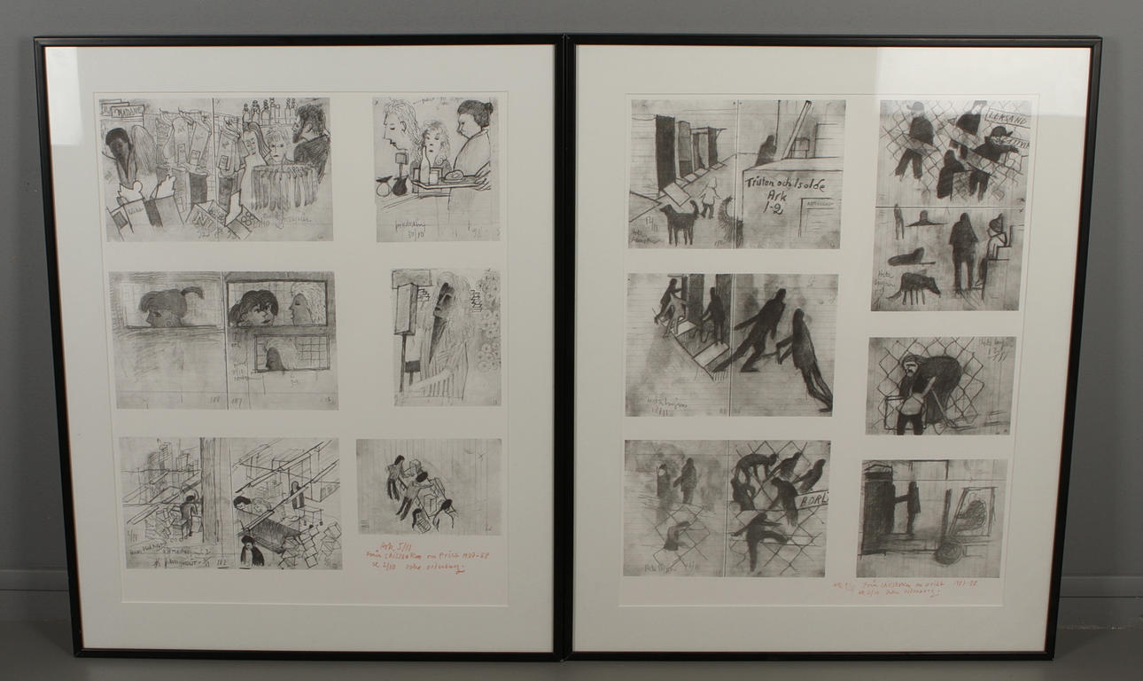 ACKE OLDENBURG. 2 st, "Från Skissboken om Pri../.. 1987-88", offset tryck, ark 9/11 respektive 5/11, ex 2/10 samt signerade.