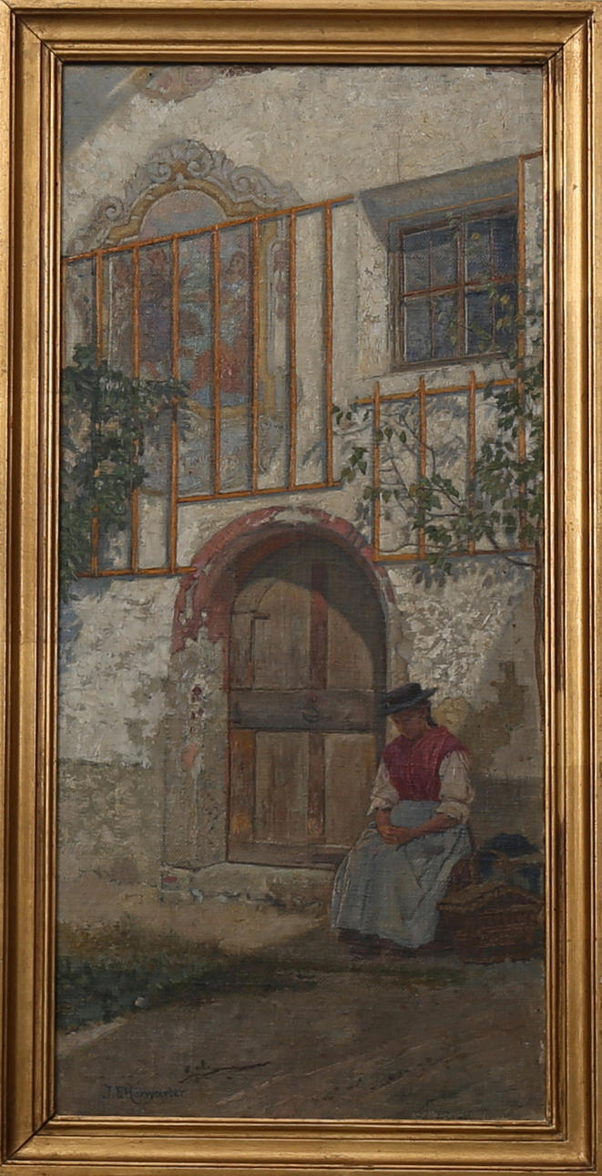 JOSEPH EUGEN HÖRWARTER. "Vor verschloßener Tür". Olja på duk uppklistrad på papp-pannå. Signerad J.E Hörwärter.