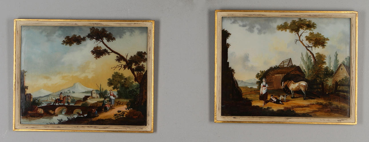 GLASMÅLNINGAR, 2 st, lantidyll, 1800-tal.