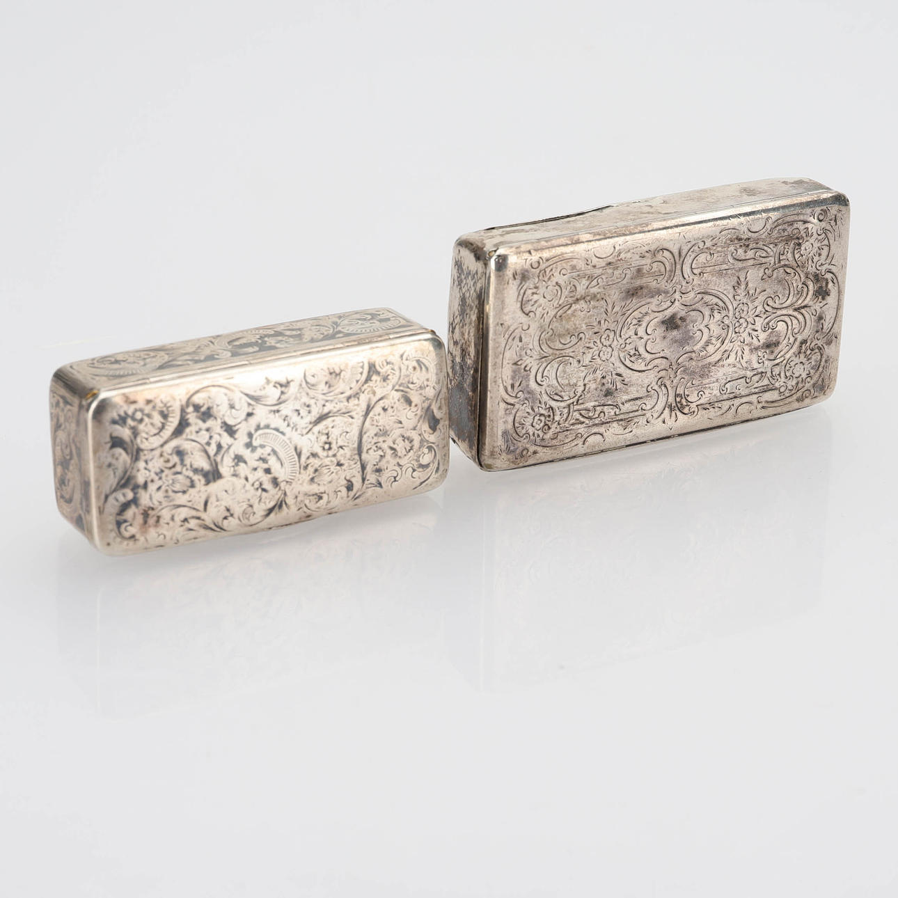 Two silver boxes, Niellodekor, Russia.