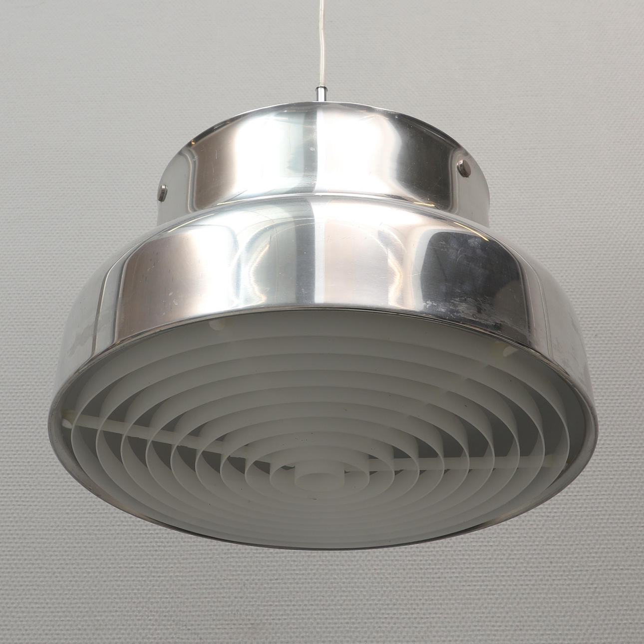 ANDERS PEHRSON. Ceiling lamp, brushed aluminium with plastic frames, “Bumling”, Ateljé Lyktan, Åhus, 1970s.