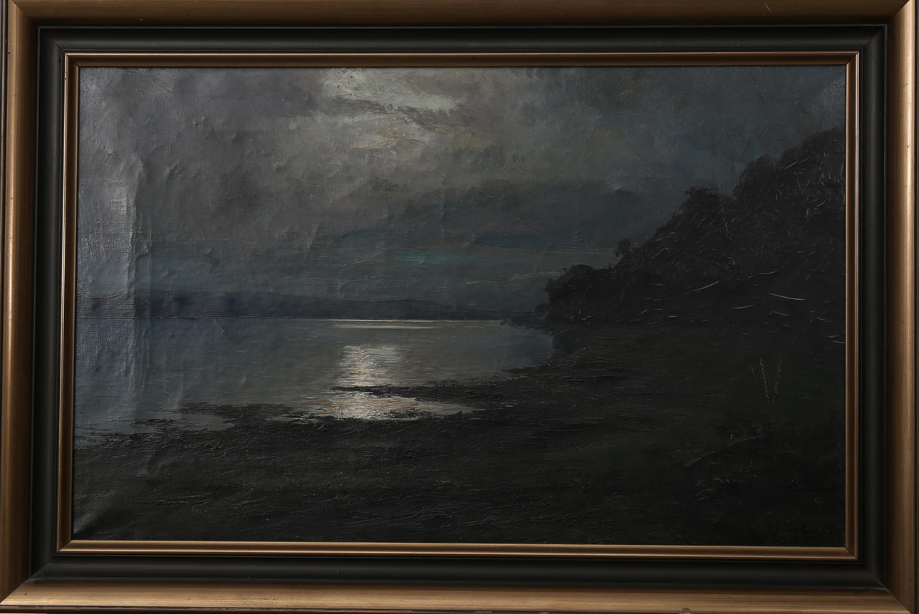 KARL KONRAD SIMONSSON. Månljus över vik. Olja på pannå, signerad Konrad Simonsson.