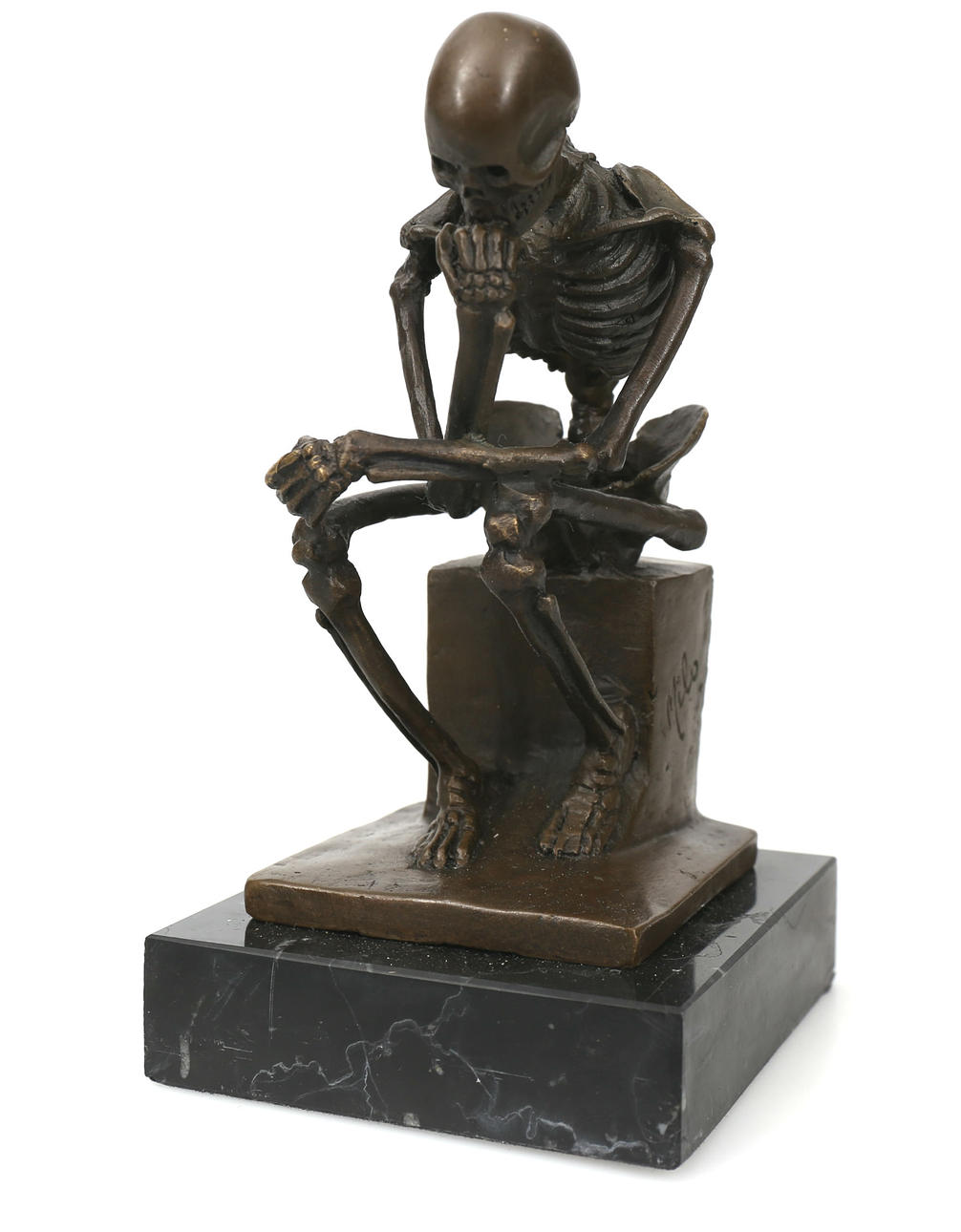 MAX MILO. Efter, Skulptur, brons, Tänkande skelett, bär signatur Milo, 2000-tal.