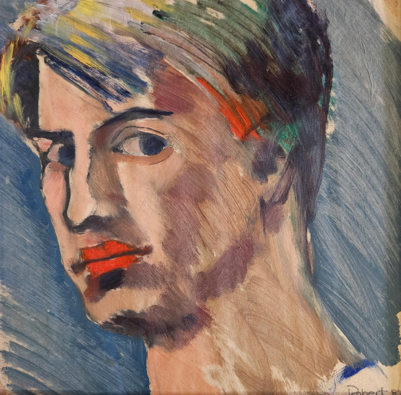 ROBERT MELIN. “Self-portrait with red lips”. Oil on greaseproof paper, signed Robert and dated 82.