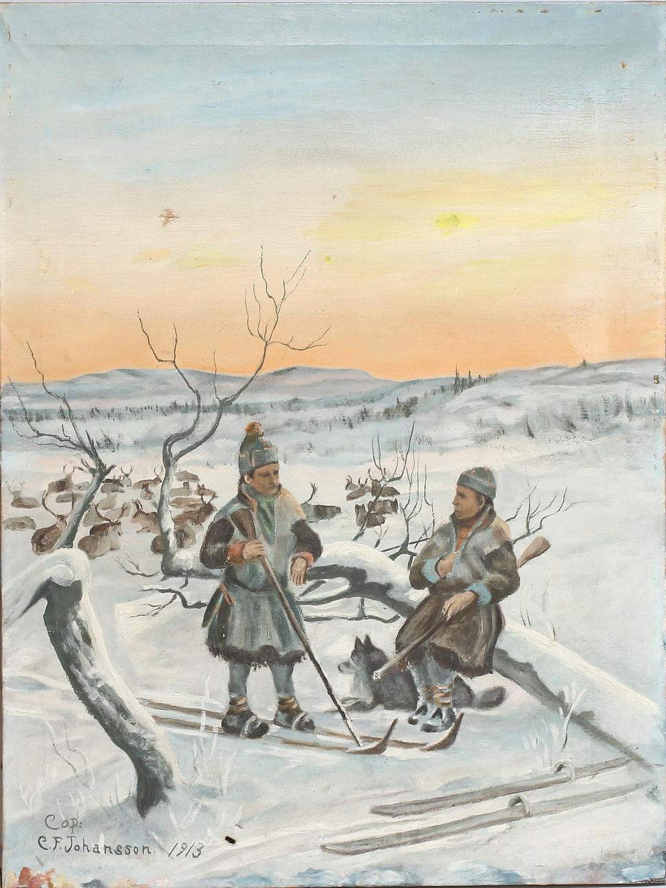 OIDENTIFIERAD KONSTNÄR. Samer med renar, olja på duk, signerad "Cop. C.F. Johansson 1913".