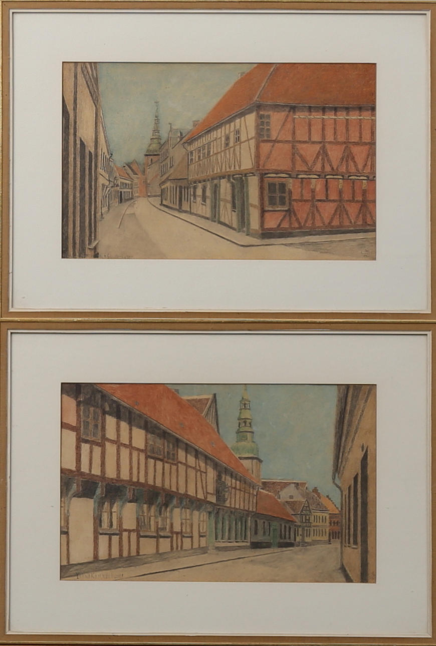 OIDENTIFIERAD KONSTNÄR. Gatumotiv från Ystad, 2 st, pasteller, signerad CN.