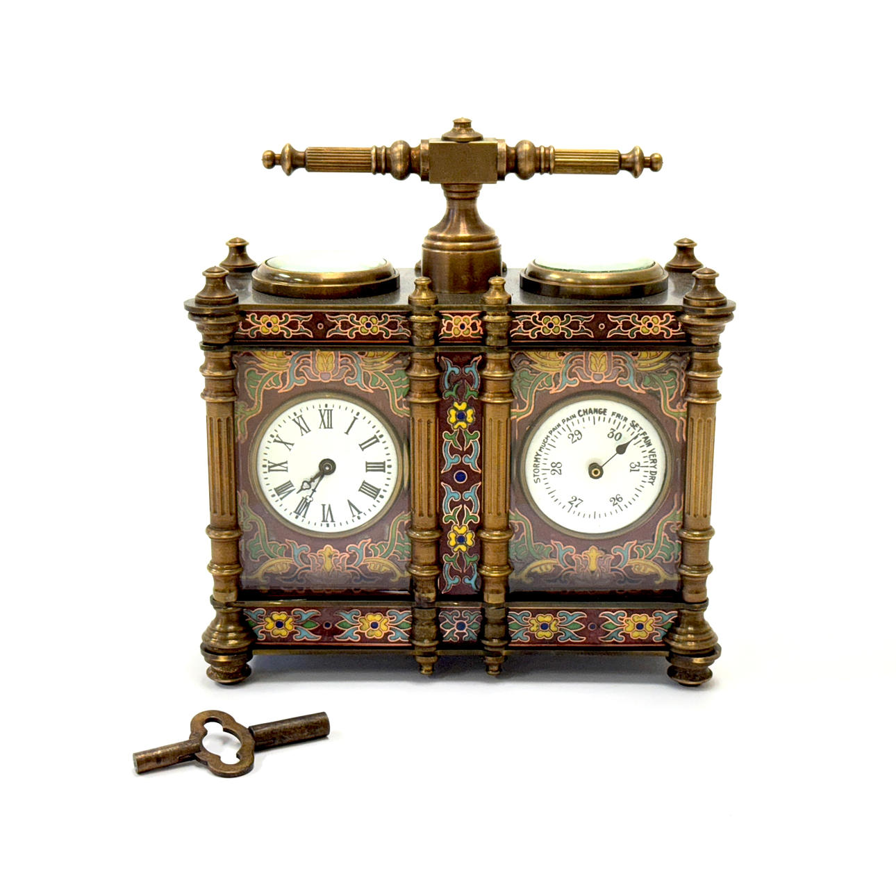 EMALJERAD BRONS KLOCKA BAROMETER.