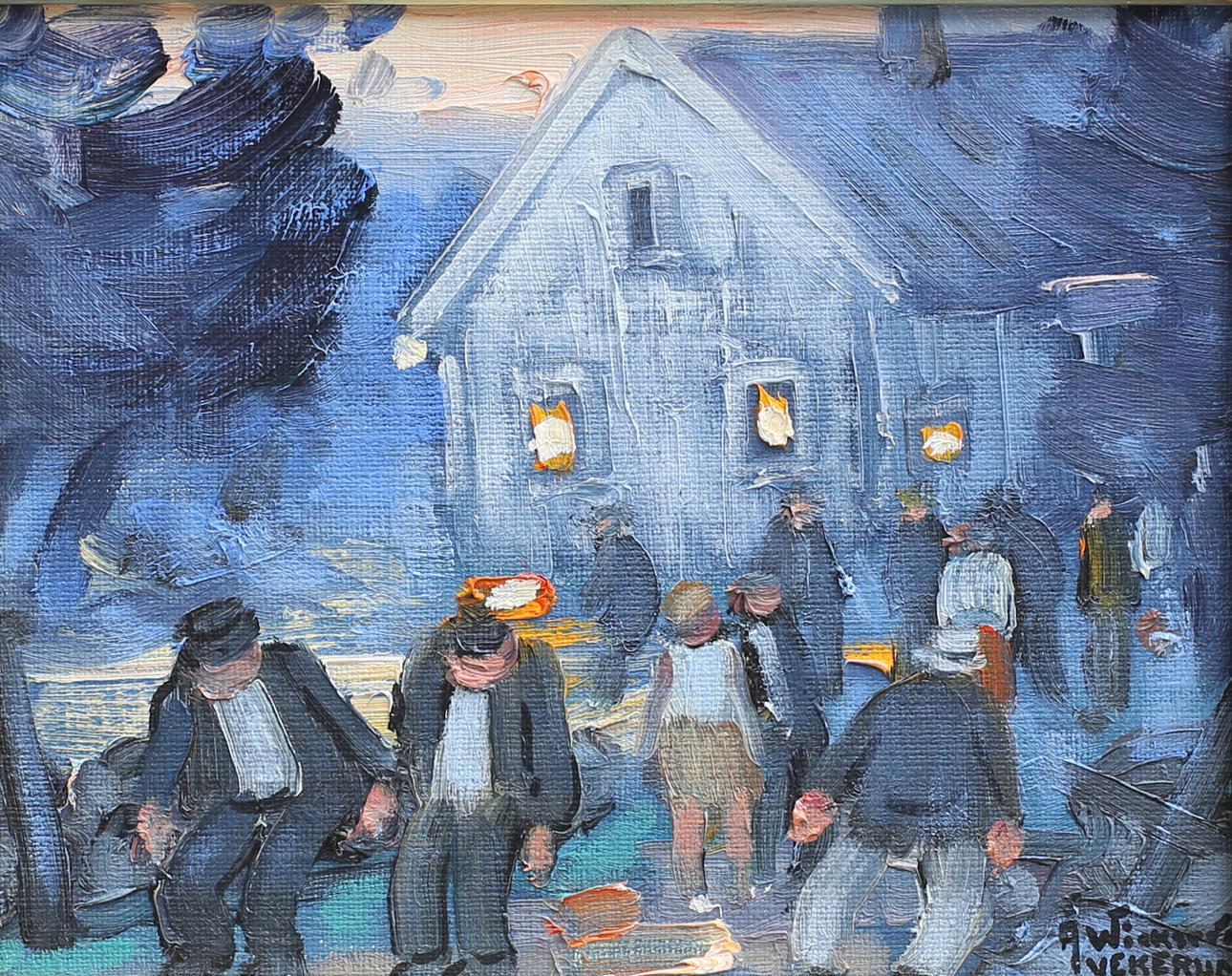 ÅKE WICKSTRÖM. Skymningsscen med människor. Olja på pannå, signerad Å. Wickström Vekerum.