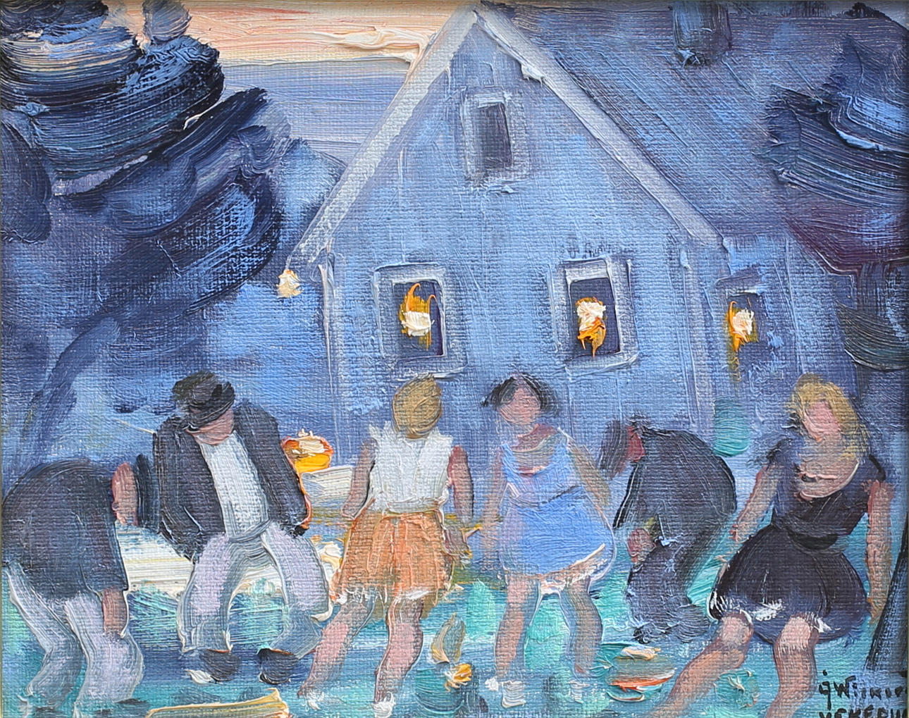 ÅKE WICKSTRÖM. Människor utanför hus. Olja på pannå, signerad Å. Wickström Vekerum.