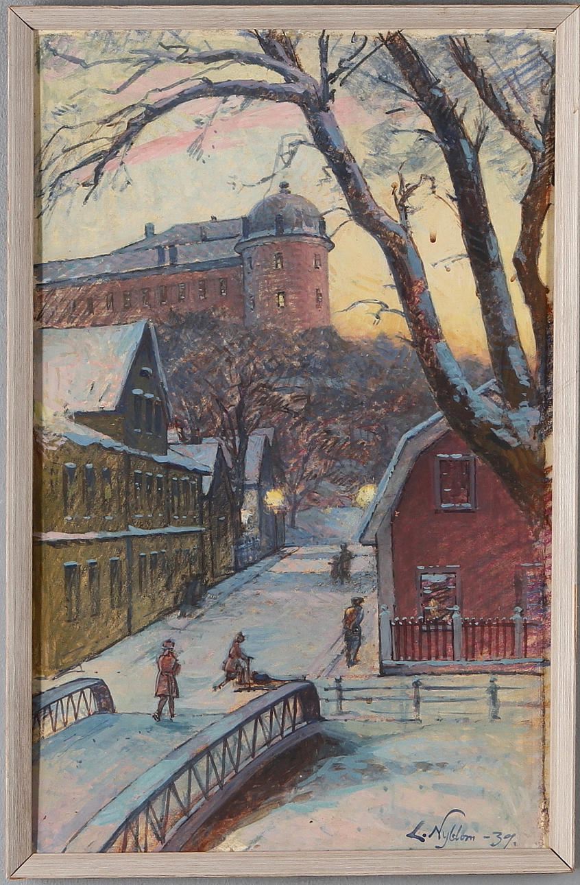 LENNART NYBLOM. Stadsmotiv, blandteknik på pannå, signerad samt daterad -39.