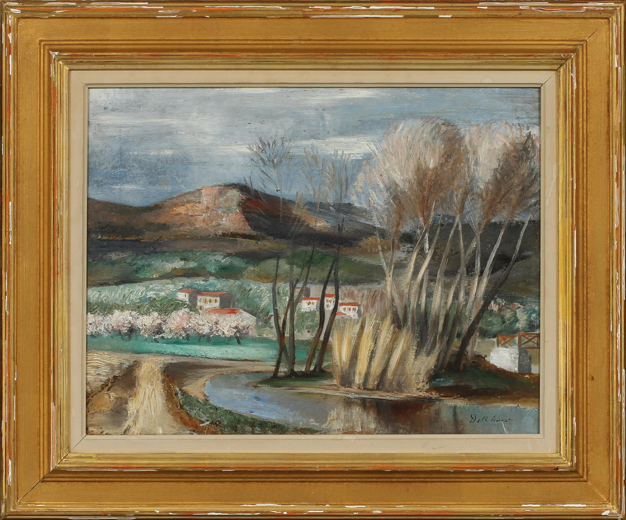 ERIK DETTHOW. Landskap med hus, olja på pannå, signerad.