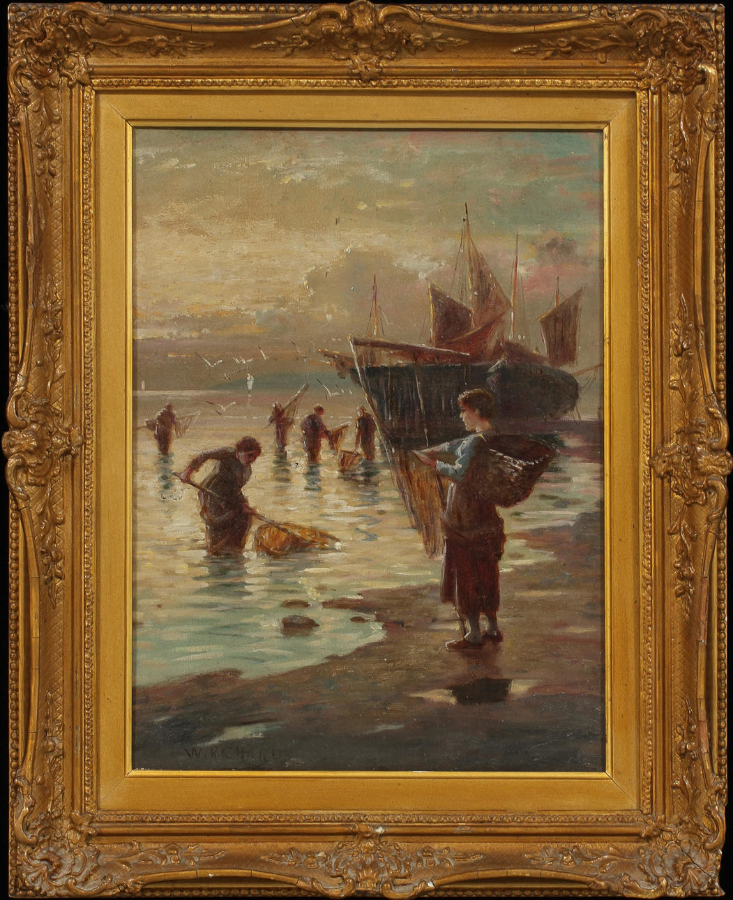 OIDENTIFIERAD KONSTNÄR. Kustbild med musselplockare, olja på duk, signerad W Richards.