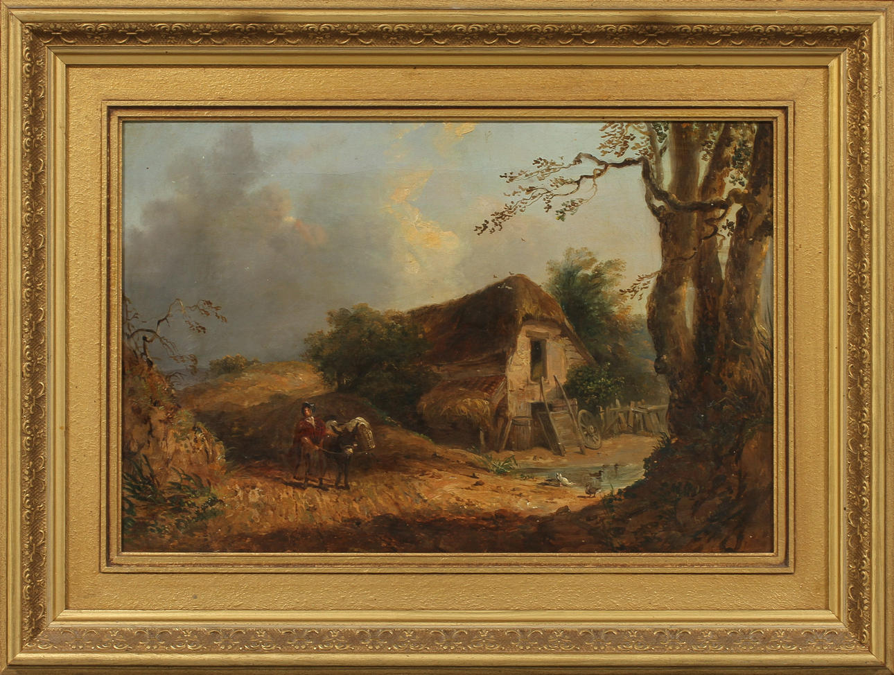 OIDENTIFIERAD KONSTNÄR. Bondgård med figur och åsna, olja på duk, signerad Thorne.