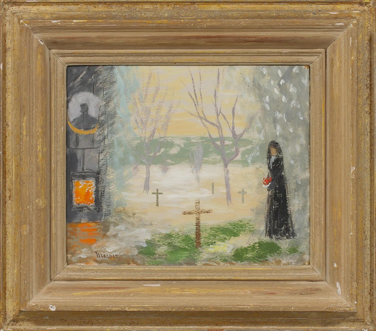 STELLAN MÖRNER. Dam på kyrkogården. Olja på pappannå, signerad.