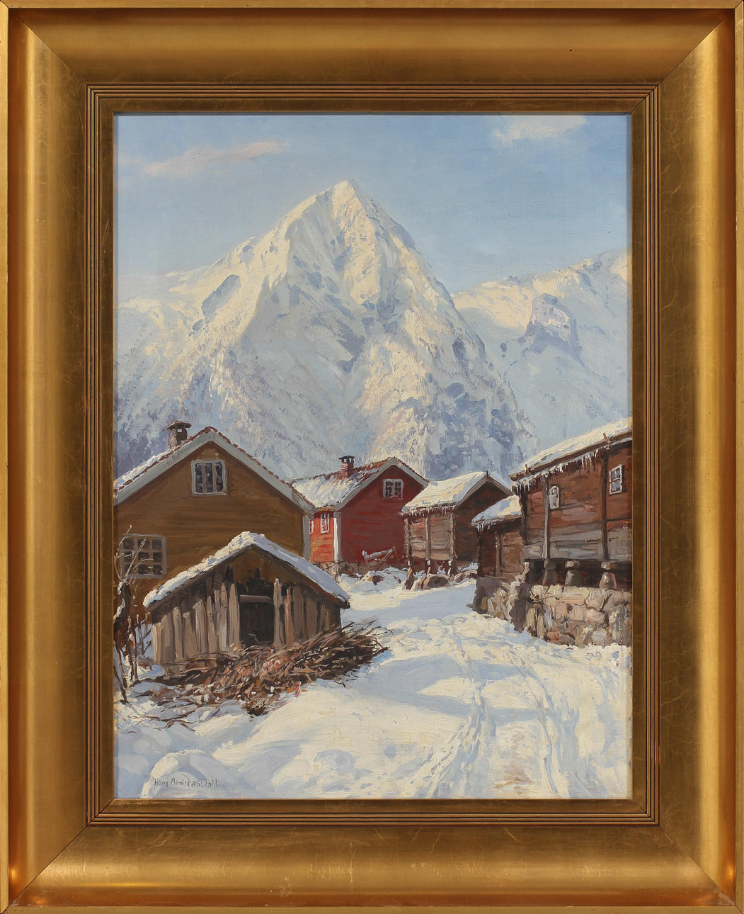 HANS ANDREAS DAHL. Fjällandskap med hus, olja på duk, signerad.