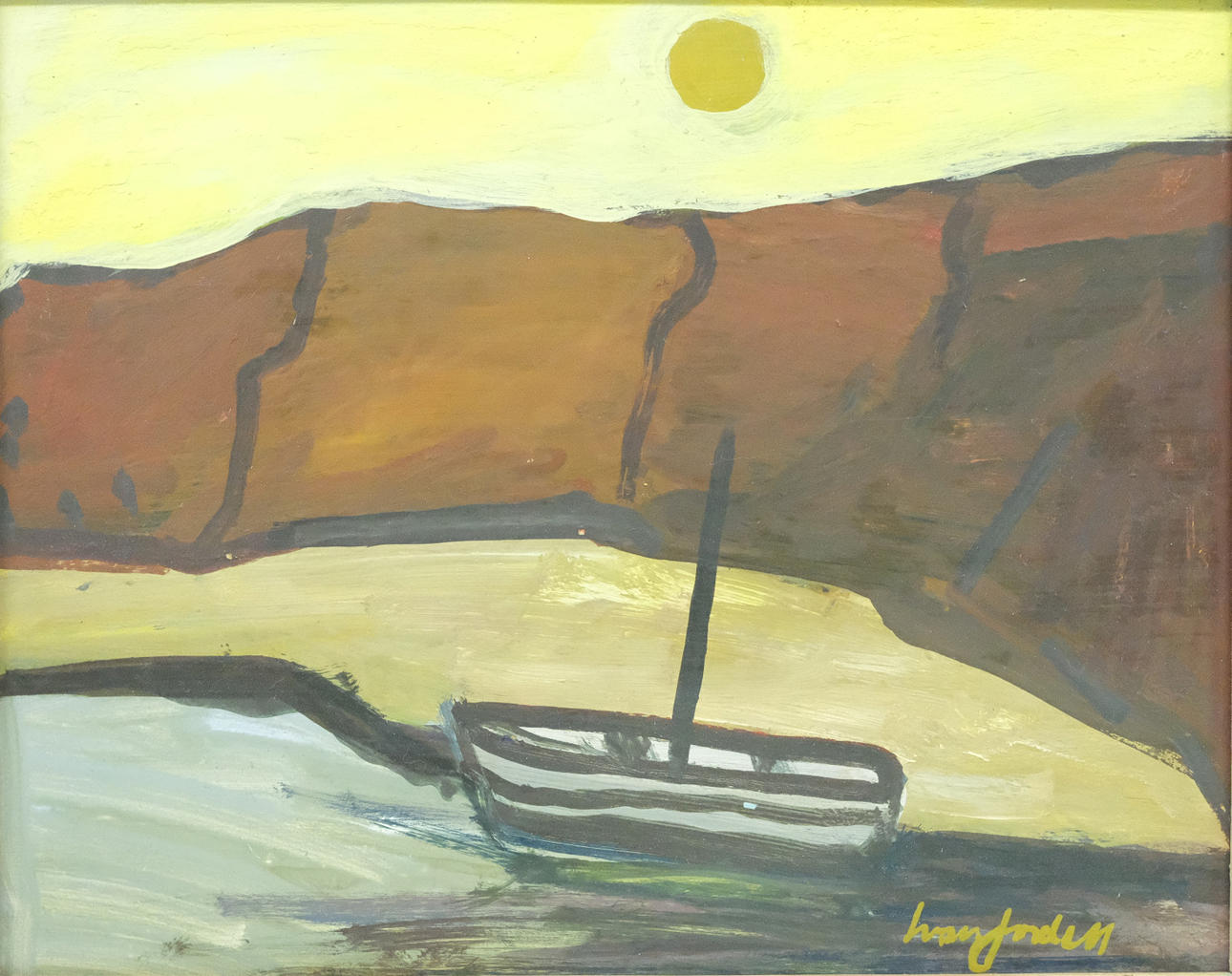 IVAR JORDELL. OLJA, BÅT I SOLNEDGÅNG.