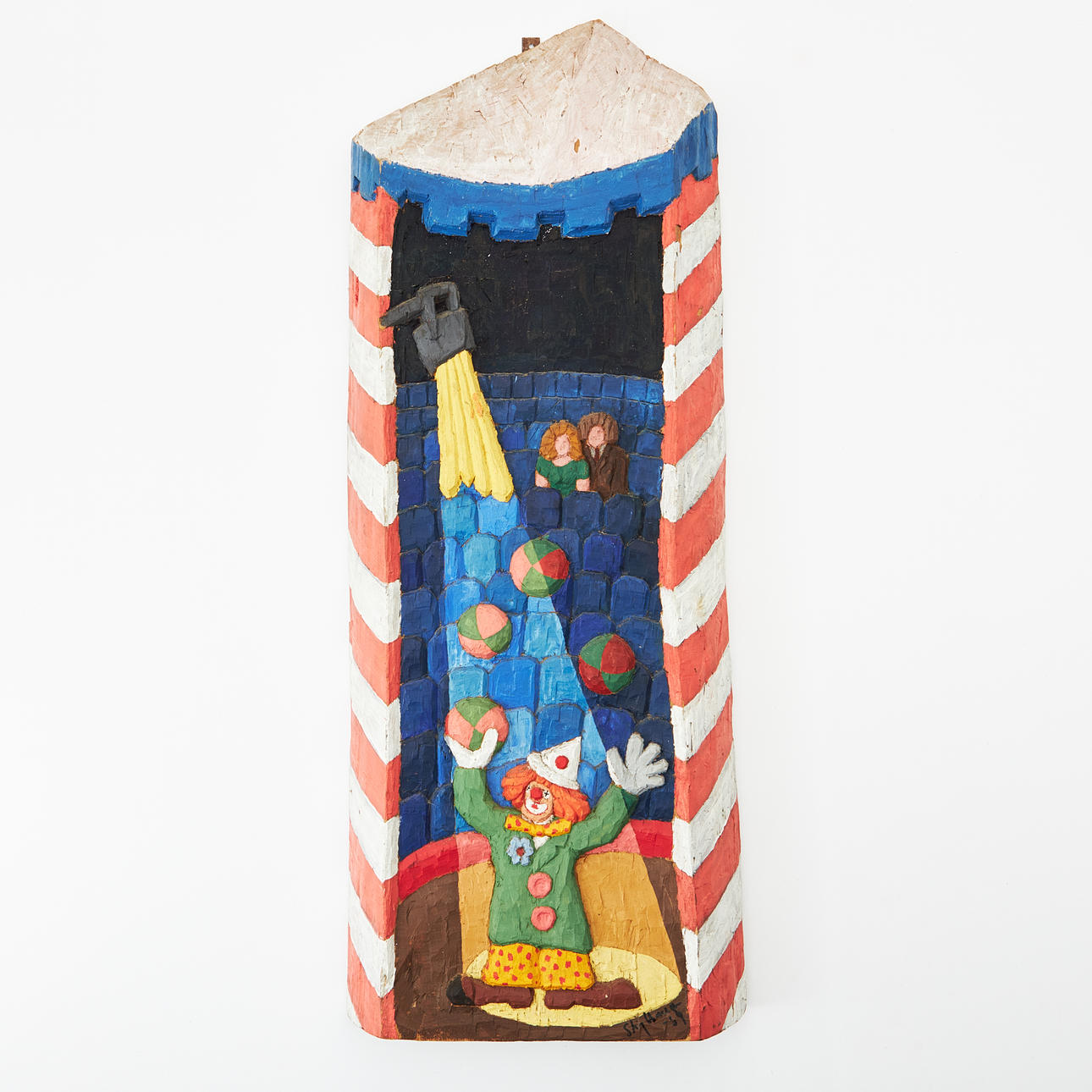 STIG WALLGREN. Clown in spotlight, wooden relief, signed, dated -69.