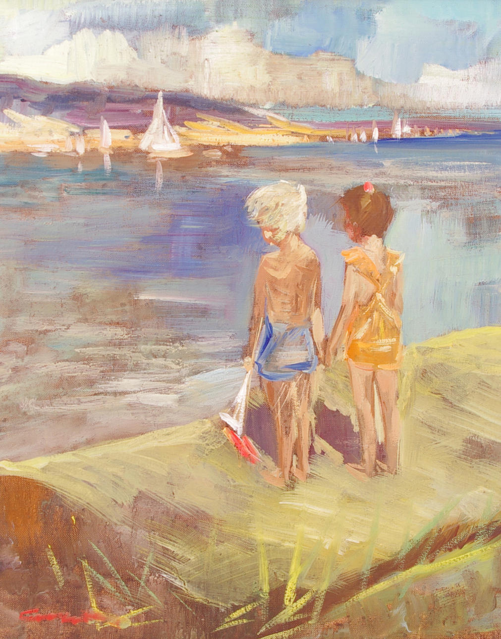OIDENTIFIERAD KONSTNÄR. Kustparti med barn, olja på duk, otydligt signerad.