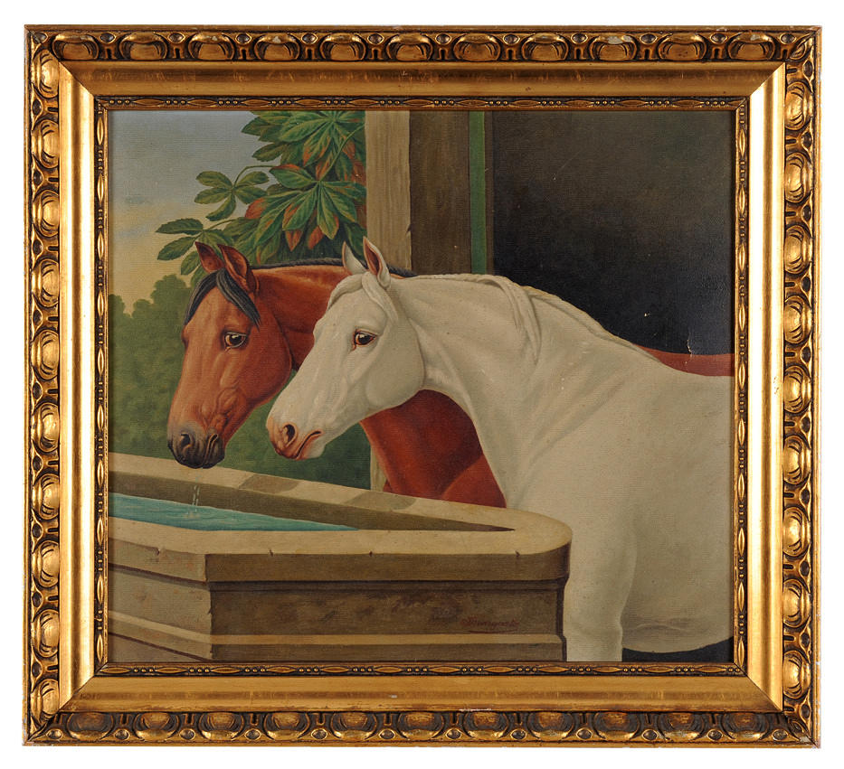 IDEALISIERTE PFERDE AN DER TRÄNKE. Målning i jugendstil, signerad J. Bungartz.