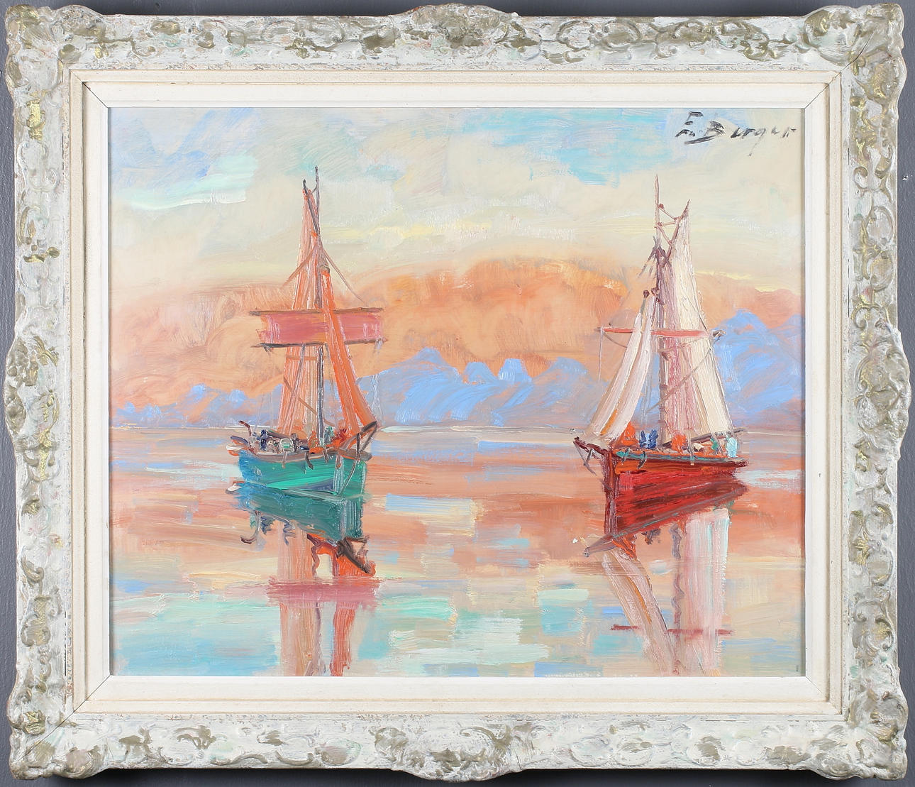 OIDENTIFERAD KONSTNÄR. "Jakter i stille veijr", olja på pannå, signerad "E. Birger".