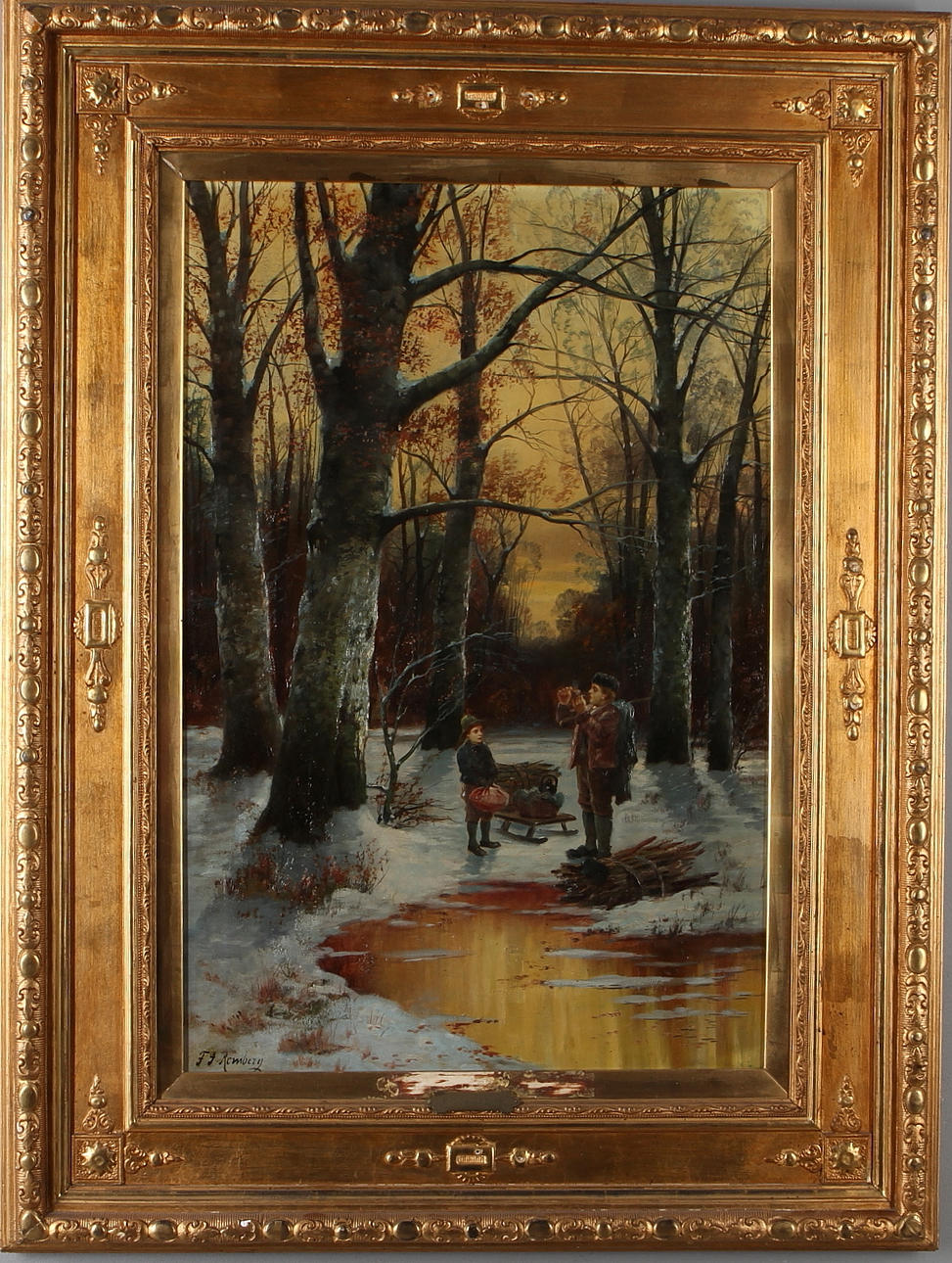 OKÄND KONSTNÄR. Skogsmotiv med vedsamlare, olja på duk, signerad FJ Romberg.