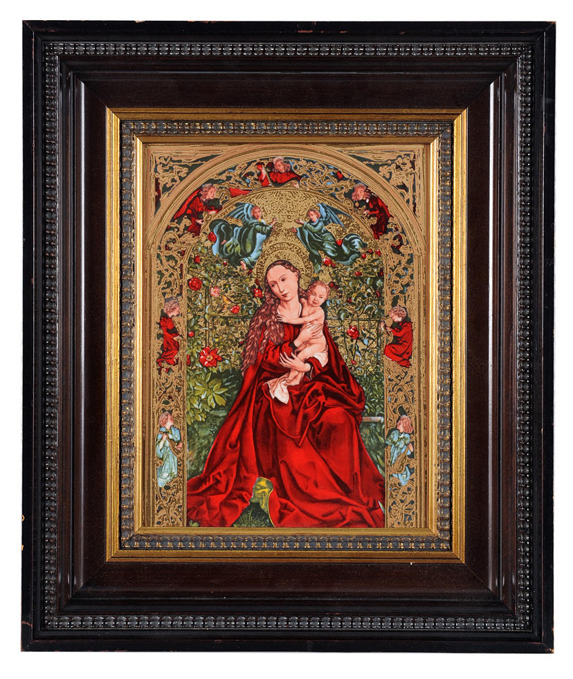 STEPHAN LOCHNER. EFTER. bild plattan. Madonnan i Rosenhag. Porträtt i den kollegiala kyrkan St Martin i Colmar.