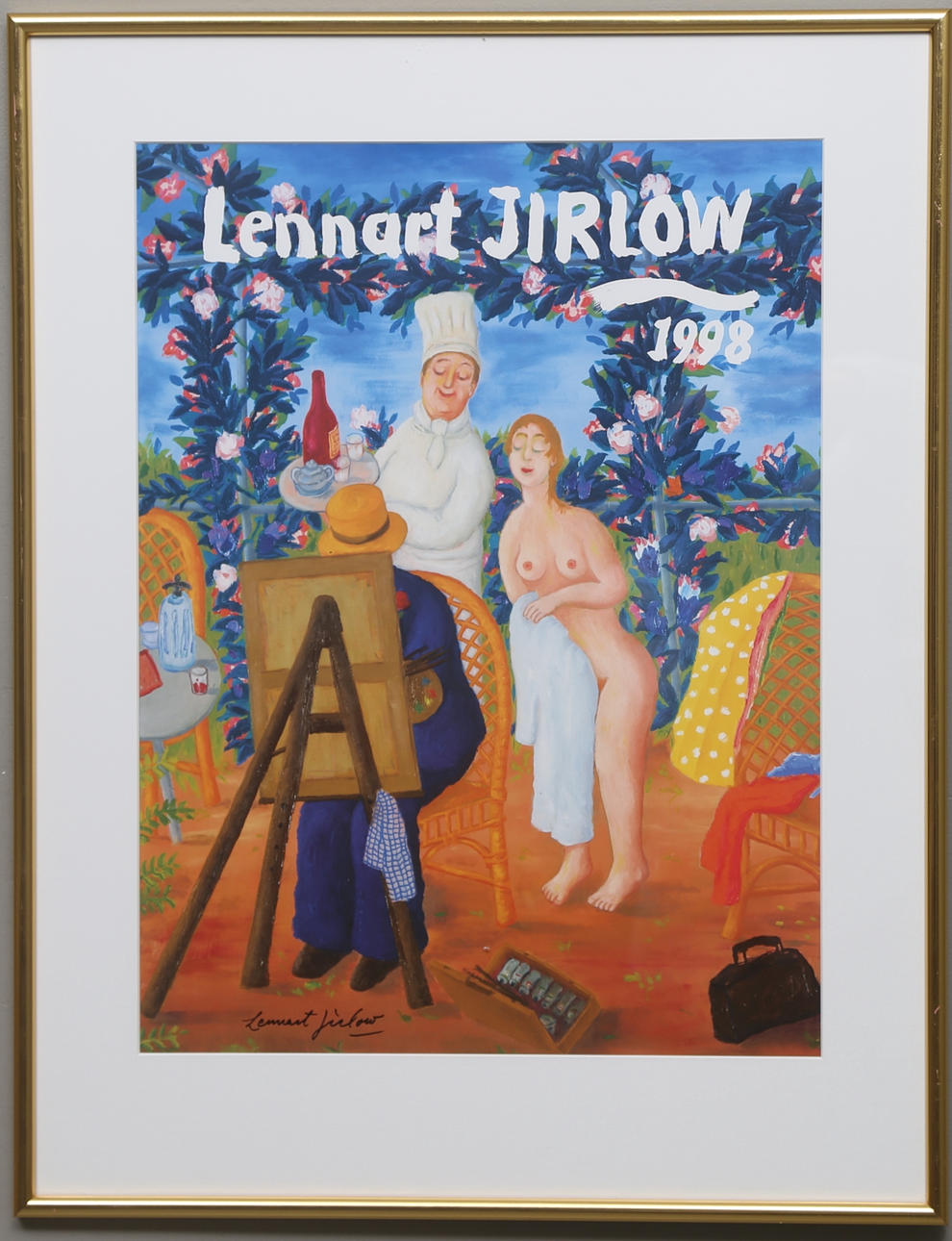 LENNART JIRLOW. Konstnär vid staffli. Handsignerad utställningaffisch, 1998.