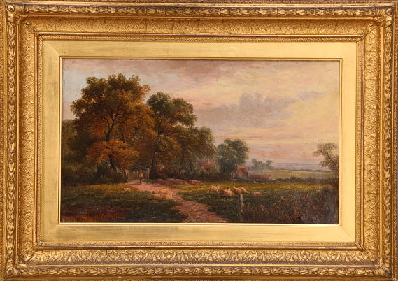 OIDENTIFIERAD KONSTNÄR. Lantmiljö med fårflock, olja duk, osignerad, 1800-tal.