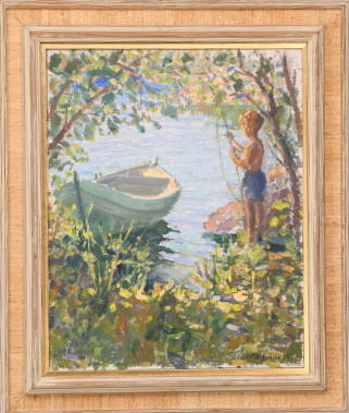 WILHELM SJÖHOLM. TAVLA, olja duk, signerad W.Sjöholm -56, pojke som fiskar från land.