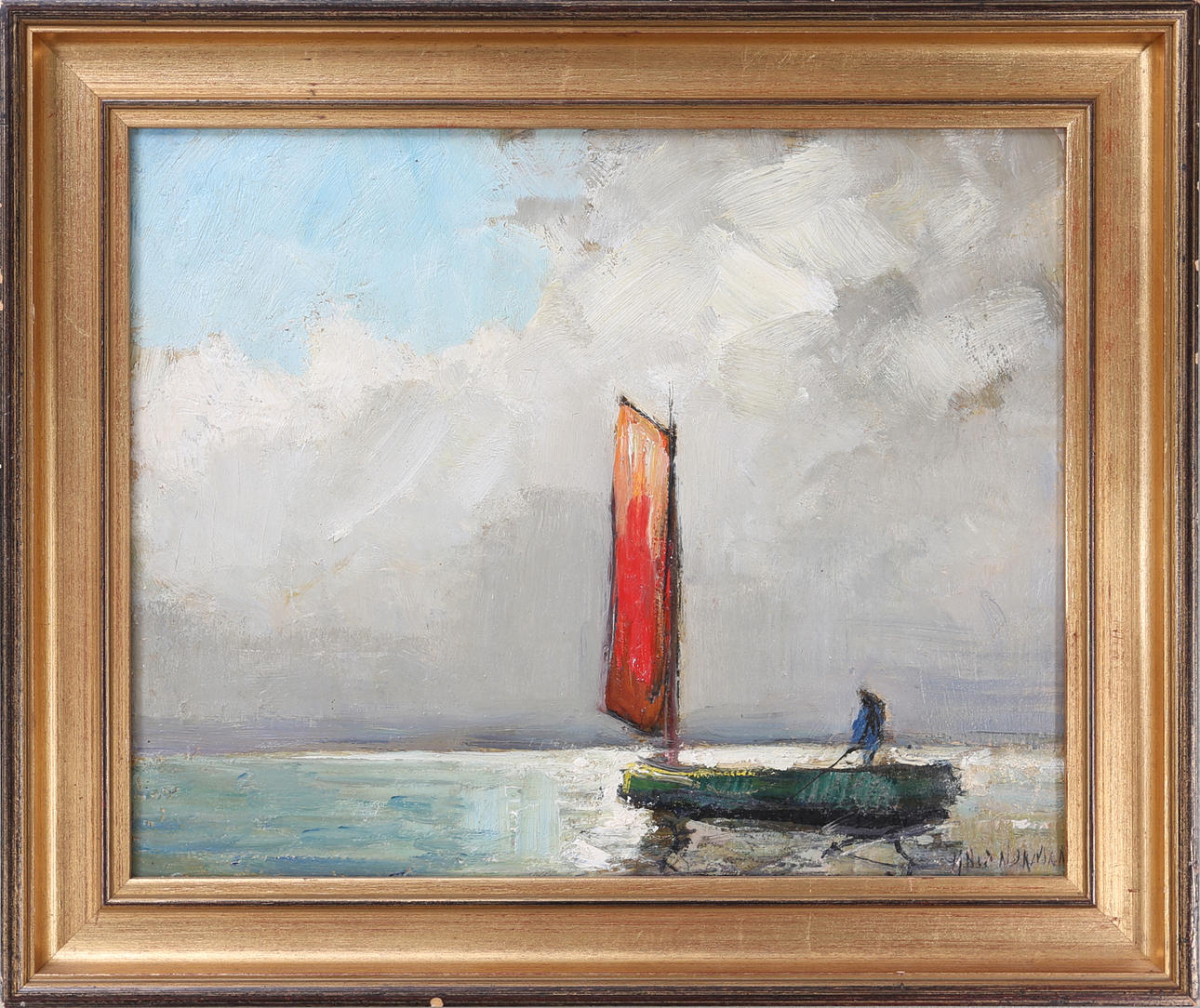 KNUT NORMAN. "Rött segel", olja på pannå, signerad.