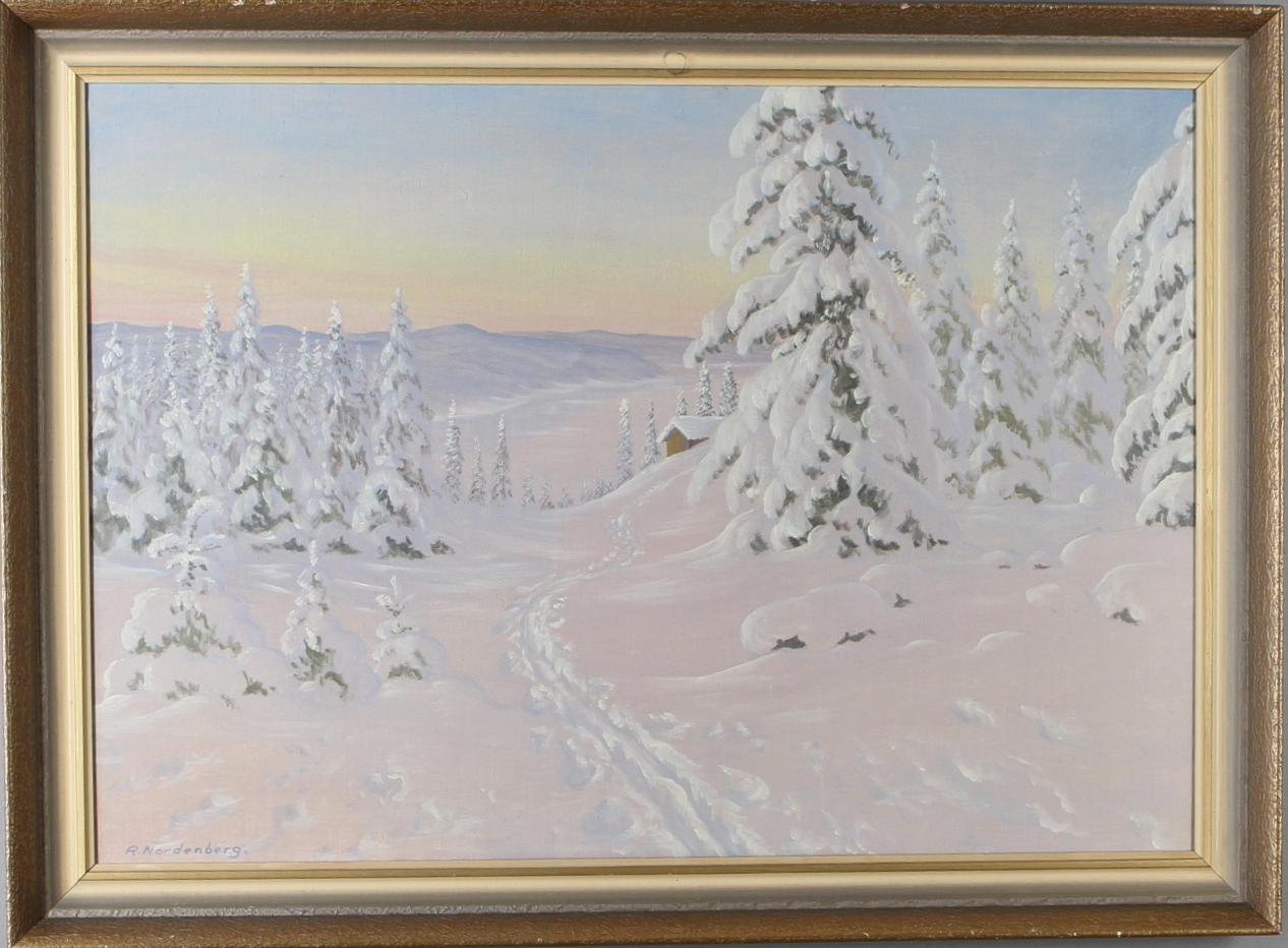 ROLF NORDENBERG. Vinterlandskap med hus, olja på duk, signerad.
