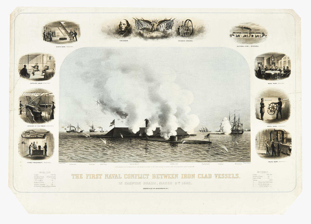 OIDENTIFIERAD KONSTNÄR. C. Parsons (after). “The First Naval Conflict Between Iron Clad Vessels In Hampton Roads, March 9th 1862". Lithograph in colours, 19th century. Published by Endicott & Co. Lith, New York.
