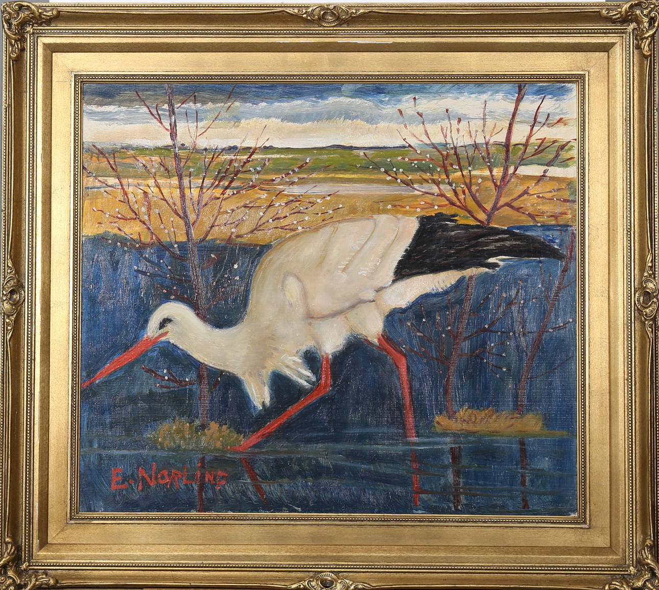 ERNST NORLIND. Stork i kärr, olja på pannå, signerad E N.