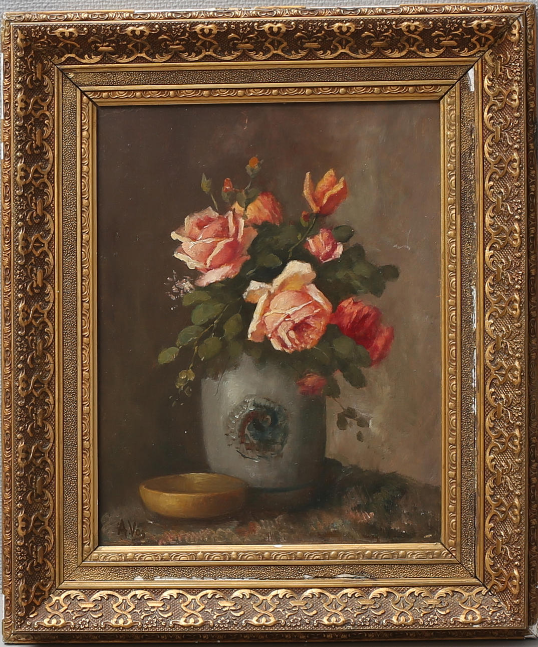 OIDENTIFIERAD KONSTNÄR. Stilleben. Olja på pannå, signerad A. Vos.