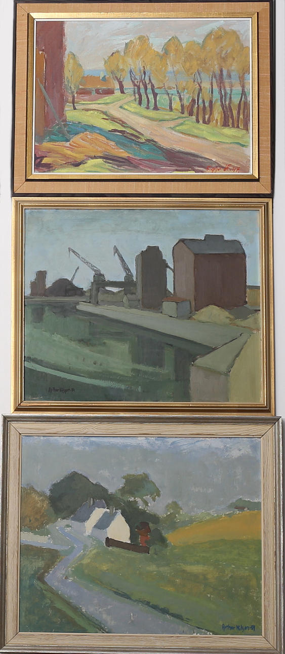 PARTI TAVLOR, 3 st, landskapsmotiv, oljor på pannåer, signerade bl a Figge Holmberg.